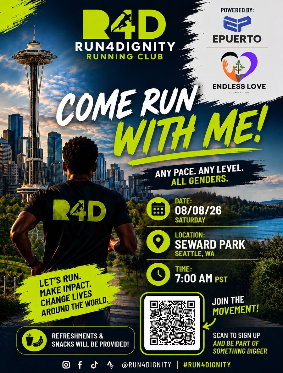 Run4Dignity — Come Run With Me. Saturday 08/08/26, Seward Park, Seattle WA, check-in 7:00 AM.
