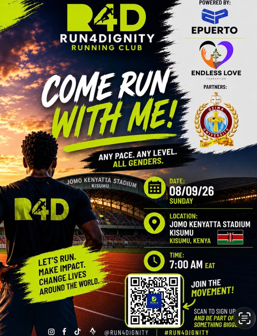 Run4Dignity — Come Run With Me. Sunday 08/09/26, Jomo Kenyatta Stadium, Kisumu, Kenya, 7:00 AM.